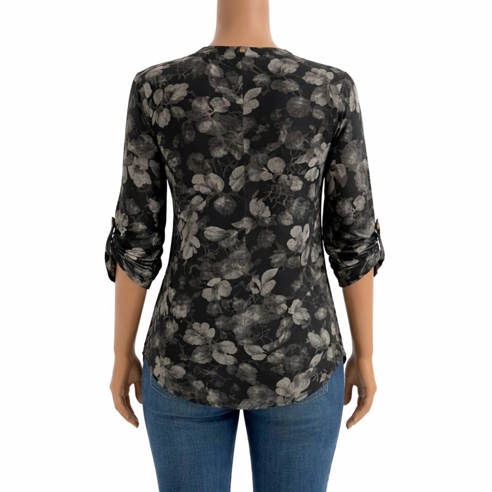 Blue Mood Black Gray Floral Zip V-Neck Blouse Roll Tab Sleeves Size Small - Picture 4 of 12
